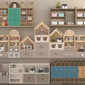 Decorative Cabinet With Modern House Shaped Design Colorful Wooden Panels And Storage Shelves