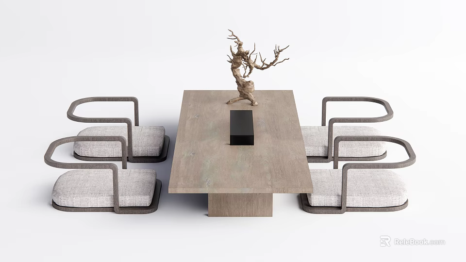 Modern Wooden Tea Table And Armchairs With Gray Cushions And Deer Antler Decoration 3d model 