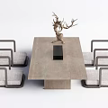 Modern Wooden Tea Table And Armchairs With Gray Cushions And Deer Antler Decoration