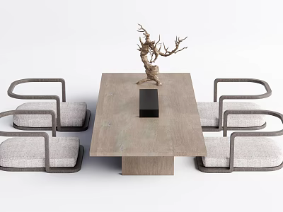 Modern Wooden Tea Table And Armchairs With Gray Cushions And Deer Antler Decoration 3d model