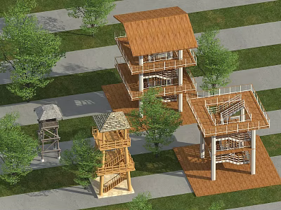 Wooden Multi Level Tower Structure In Garden With Green Trees And Pathway 3d model