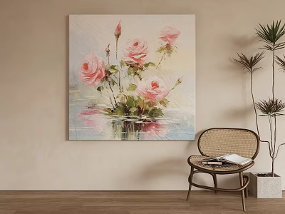 Abstract Painting Featuring Pink Roses In Vase By Wicker Chair With Book And Indoor Plant 3d model