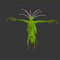Green Alien Creature 3D Model with Multiple Antennas and Extended Limbs on Dark Background Reflection