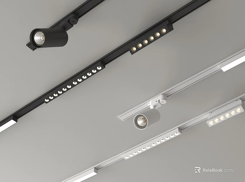 Modern Track Mounted Downlights And Spotlights With Black Silver Finish And LED Bulbs 3d model 