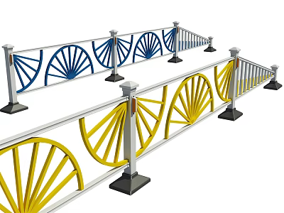 Modern Decorative Railing With Blue And Yellow Fan Shaped Patterns White Railings And Black Bases 3d model