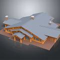 Wooden Residential Building Exterior Design With Gray Roof And Multiple Chimneys