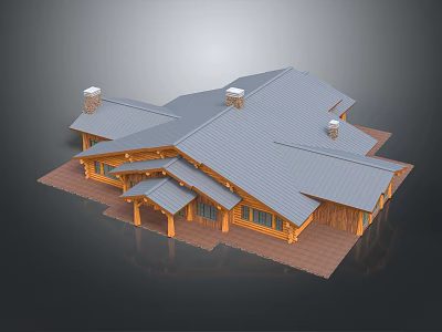 Wooden Residential Building Exterior Design With Gray Roof And Multiple Chimneys 3d model