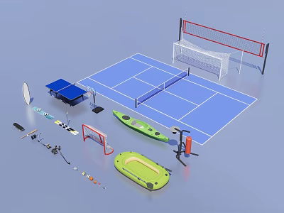 Diverse Sports Equipment Collection Featuring Tennis Court Table Tennis Table Kayak And Fitness Tools 3d model