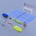 Diverse Sports Equipment Collection Featuring Tennis Court Table Tennis Table Kayak And Fitness Tools