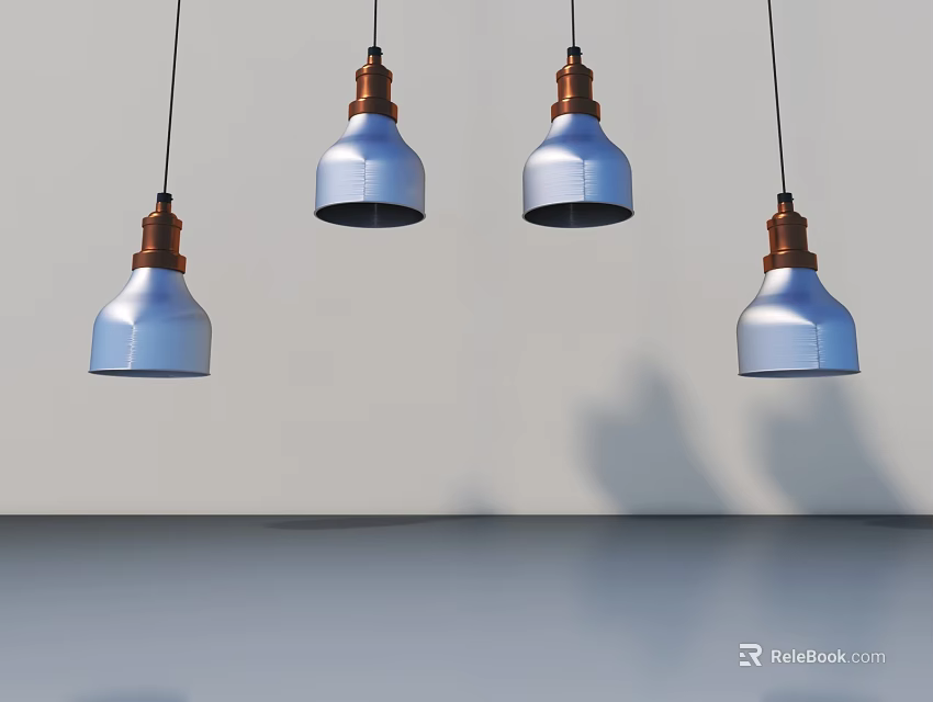 Blue Shade Pendant Lights With Copper Bases Hanging On White Wall Background 3d model