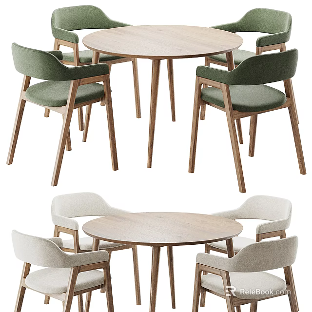 Modern Round Wooden Tea Table With Green And White Chairs Seats 3d model 