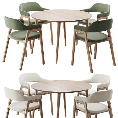 Modern Round Wooden Tea Table With Green And White Chairs Seats 3d model