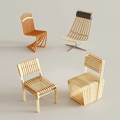 Modern Wooden Leisure Chairs with Stylish Design and Various Striped Curved Shapes 3d model