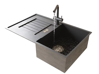 Modern Black Kitchen Sink Design With Faucet Running Water And Striped Drainboard 3d model