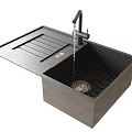 Modern Black Kitchen Sink Design With Faucet Running Water And Striped Drainboard