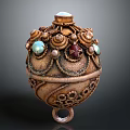 Intricate Golden Carved Jewelry Pendant With Turquoise Ruby Green Gemstones And Floral Patterns