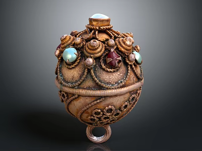 Intricate Golden Carved Jewelry Pendant With Turquoise Ruby Green Gemstones And Floral Patterns 3d model