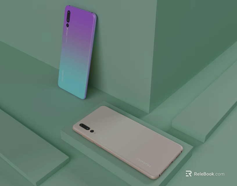 Modern Smartphones With Gradient Color Back And Light Body On Geometric Green Background 3d model 