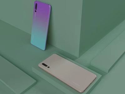 Modern Smartphones With Gradient Color Back And Light Body On Geometric Green Background 3d model