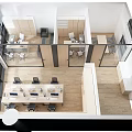 Public Office Space with Company Logo White Wall Glass Partition Office Desks Chairs Wooden Flooring
