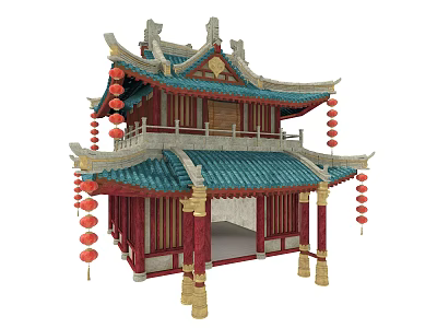 Ancient Chinese Architecture Featuring Green Tiled Roof Curved Eaves Red Columns And Hanging Red Lanterns 3d model