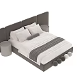 Modern Beige Double Bed With Upholstered Headboard Matching Nightstand Soft Pillows And Striped Bedspread