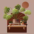 Cartoon Scene With Lush Monstera Leaves On Wooden Shelf And Small Pots With Round Decor