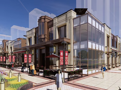 Modern Commercial Street With Pedestrians Shops Glass Storefronts And Decorative Awnings 3d model