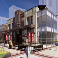 Modern Commercial Street With Pedestrians Shops Glass Storefronts And Decorative Awnings