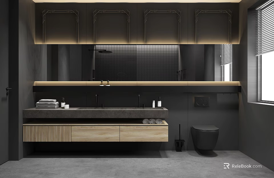 Modern Dark Bathroom Interior With Vanity Mirror Cabinets And Toilet 3d model 