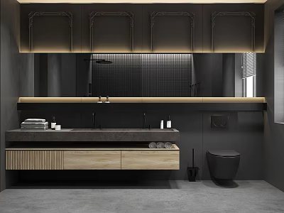 Modern Dark Bathroom Interior With Vanity Mirror Cabinets And Toilet 3d model