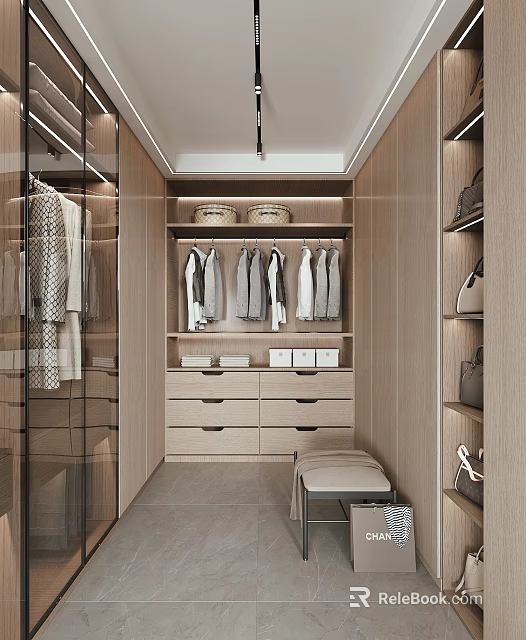 Modern Walk in Closet With Hanging Clothes Wooden Cabinets Drawers Baskets And Bench 3d model 