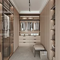 Modern Walk in Closet With Hanging Clothes Wooden Cabinets Drawers Baskets And Bench