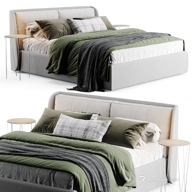 Modern Double Bed With Green And Gray Bedding Pillows Headboard And Side Tables 3d model 