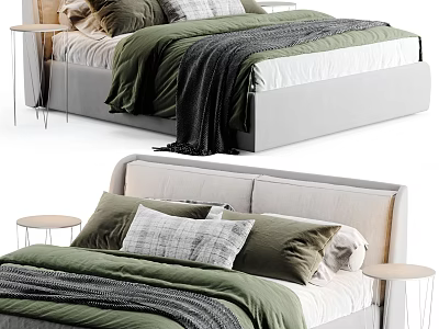 Modern Double Bed With Green And Gray Bedding Pillows Headboard And Side Tables 3d model
