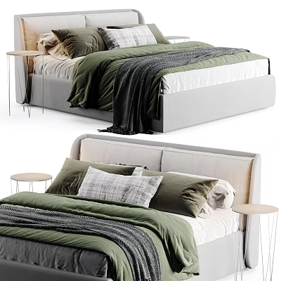 Modern Double Bed With Green And Gray Bedding Pillows Headboard And Side Tables 3d model