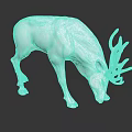 Silver Metallic Deer Sculpture With Bowing Head And Shiny Antlers On Reflective Surface