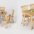 Simple Wooden Dining Table Set With Round Rectangular Tables Chairs Fruit And Bottles 3d model