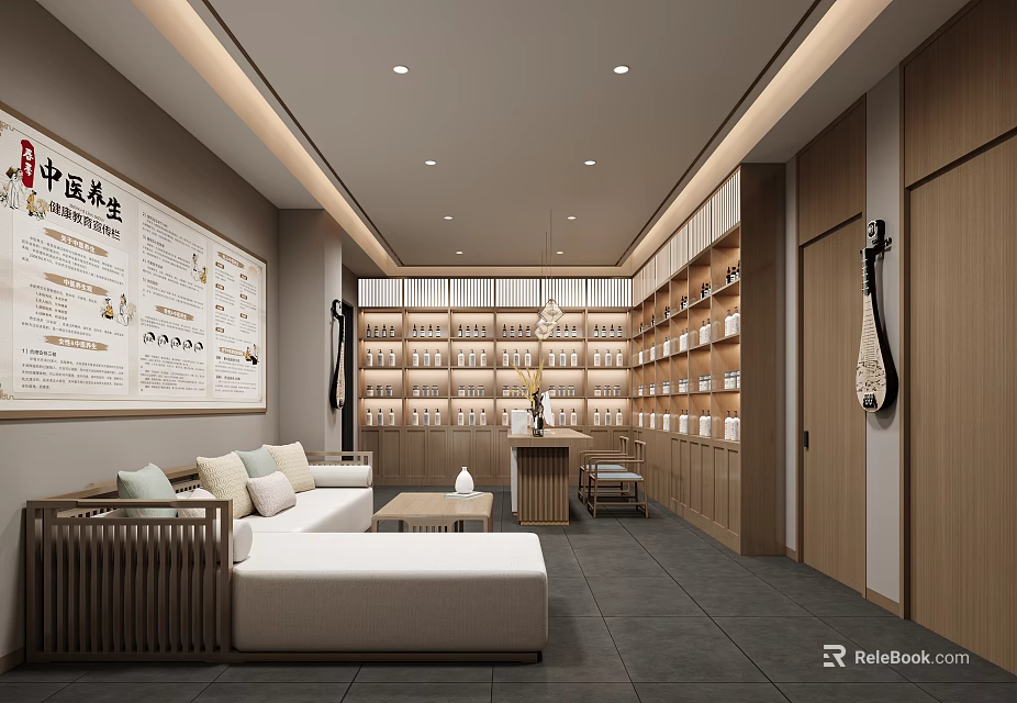 Chinese Style Beauty Hair Salon Interior With Wooden Display Shelves And Sofa 3d model 