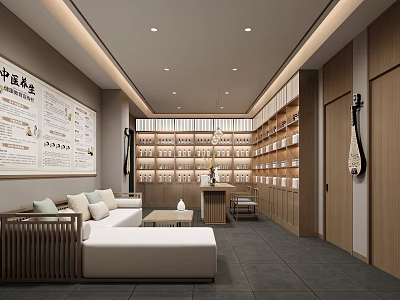Chinese Style Beauty Hair Salon Interior With Wooden Display Shelves And Sofa 3d model