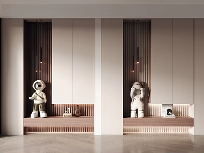 Elegant Modern Entryway Cabinet Sideboard With Light Wooden Shelf Astronaut Decor And Pendant Lights 3d model
