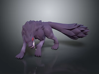 Purple Wolf 3D Model in Crouching Pose with Red Eyes Sharp Teeth and Feathery Tail 3d model