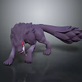Purple Wolf 3D Model in Crouching Pose with Red Eyes Sharp Teeth and Feathery Tail