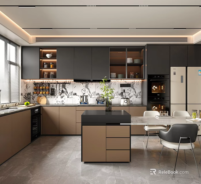 Modern Kitchen Interior With Dark Brown Cabinets Black Island Counter And Patterned Tile Backdrop 3d model