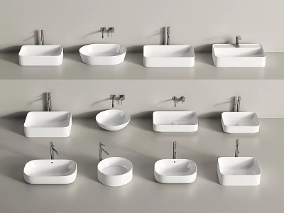 Modern White Ceramic Washbasin Collection Featuring Various Shapes And Faucet Designs On 3d model