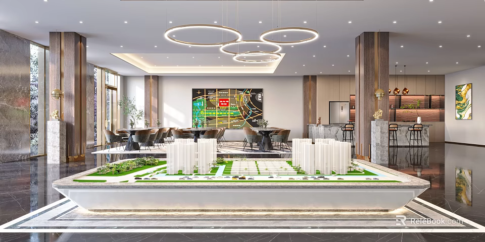 Elegant Modern Sales Office With Property Model Location Map Tables And Chandeliers 3d model 