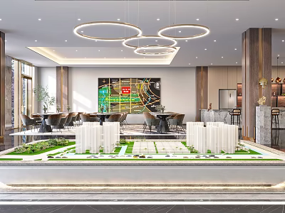 Elegant Modern Sales Office With Property Model Location Map Tables And Chandeliers 3d model