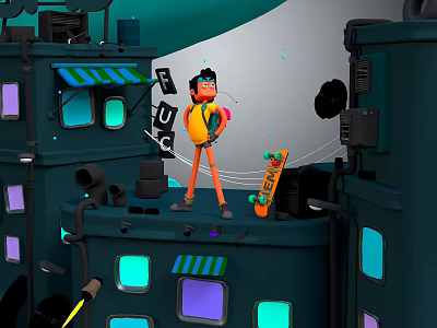 Animated Game Character Standing On Music Platform With Microphone Skateboard And Colorful Windows 3d model