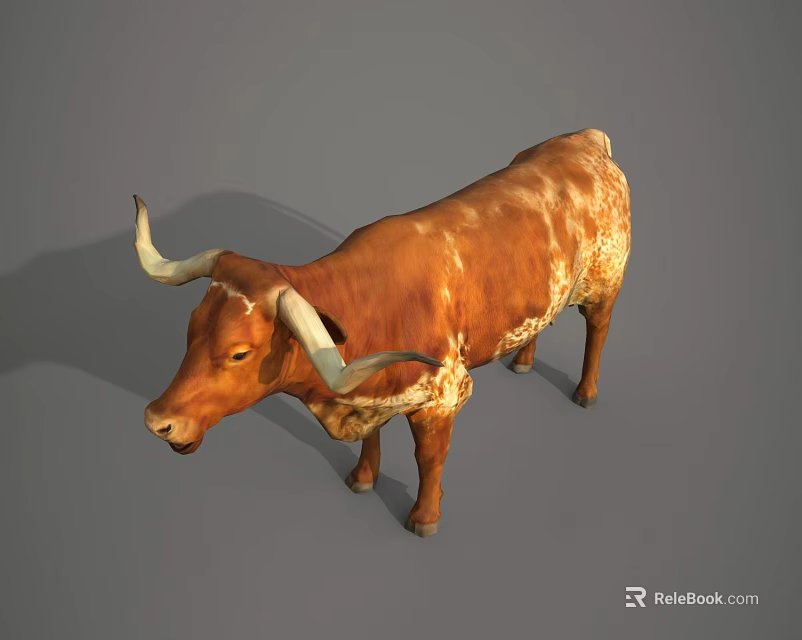 Brown And White Spotted Bull With Long Horns Standing On Gray Background 3d model 