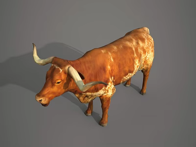Brown And White Spotted Bull With Long Horns Standing On Gray Background 3d model